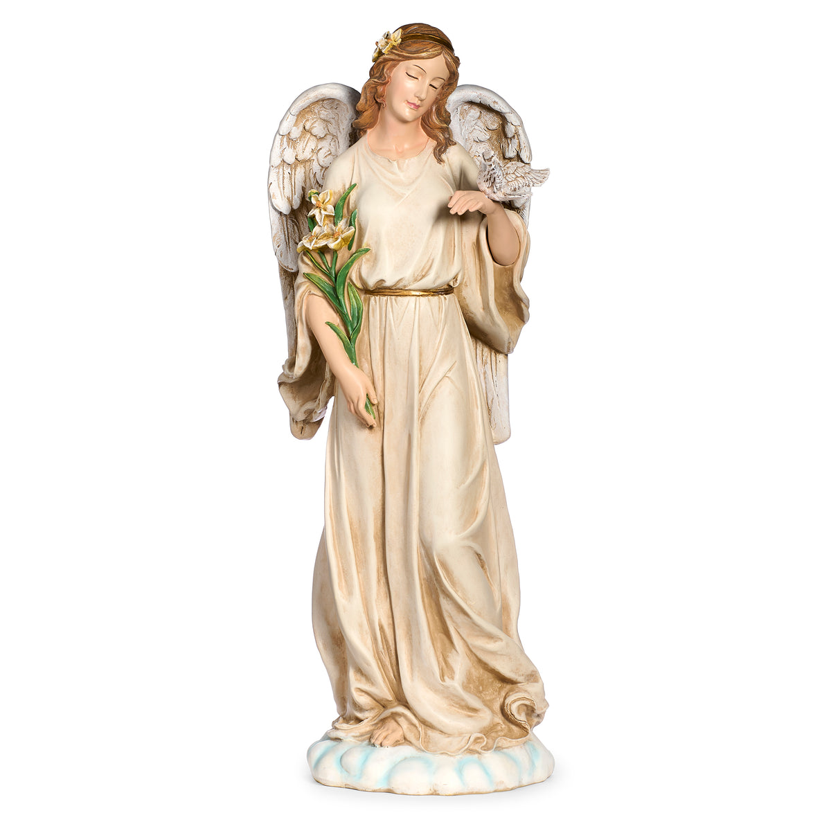 Front view of Joseph's Studio Angel with Dove Garden Statue showing the bowed head, dove in hand, floral bouquet, and long sculpted gown