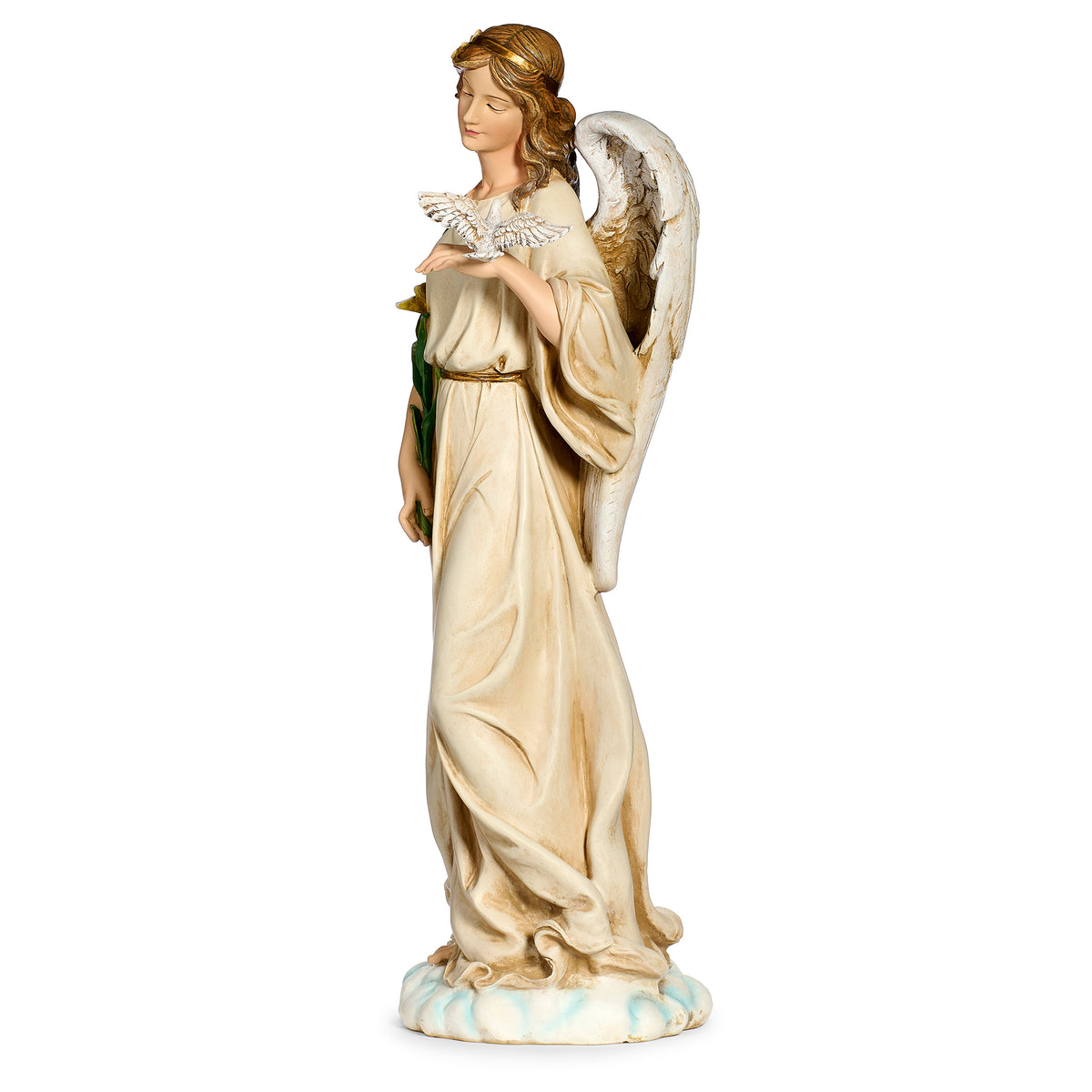 Side view of Joseph's Studio Angel with Dove Garden Statue showing the angel holding the dove with flowing robes and wing details