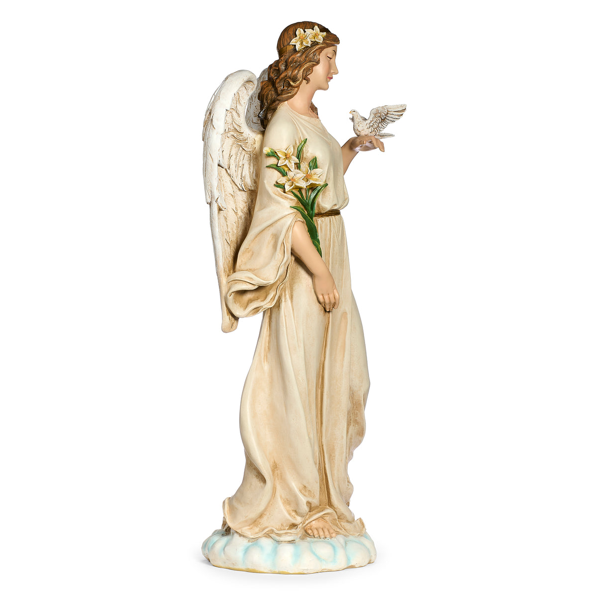 Opposite side view of Joseph's Studio Angel with Dove Garden Statue showing the lilies, dove, and sculpted robe details