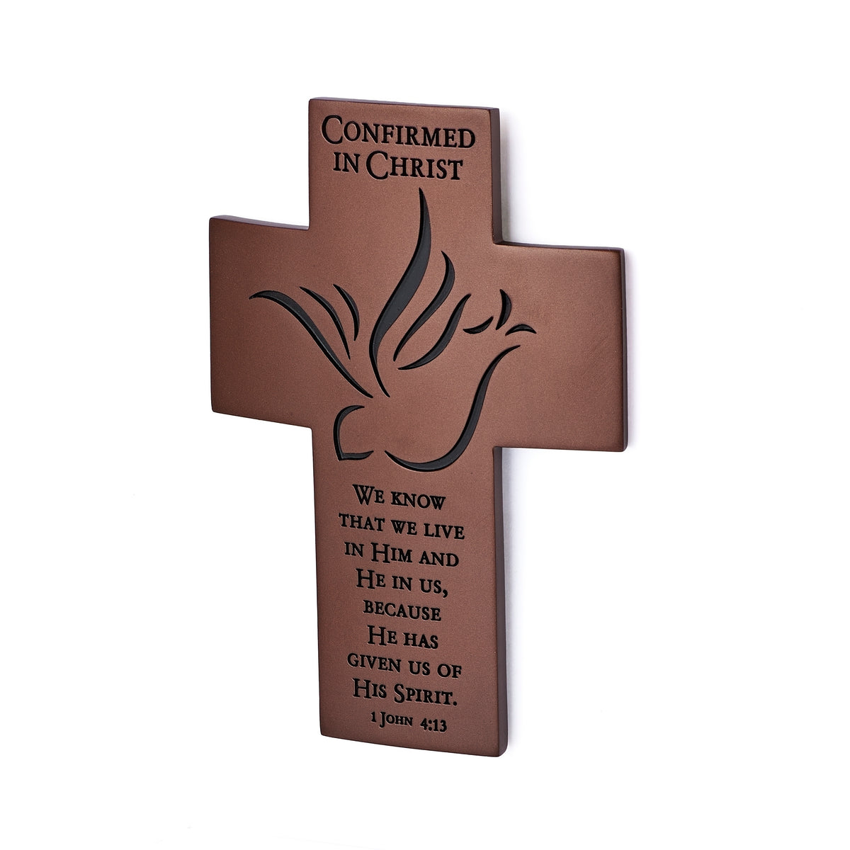 Confirmed in Christ wall cross with dove and scripture angled view