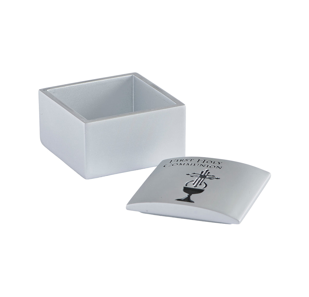 Open First Communion Silver Keepsake Box showing the plain interior with the decorated lid placed beside it