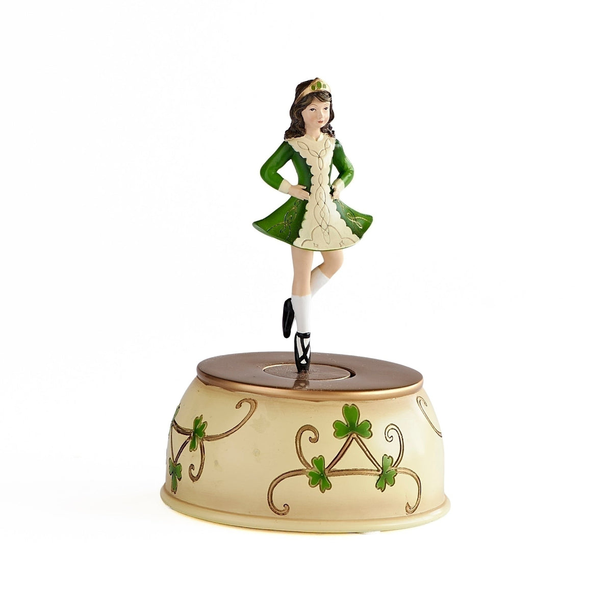 Alternate angled view of Musical Irish Step Dancer displaying the dancer and gold-tone shamrock music box base