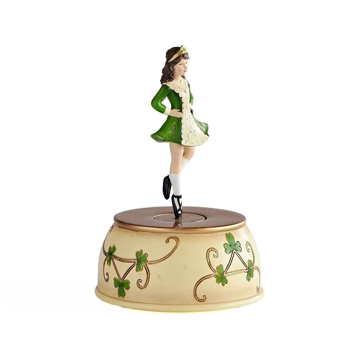 Opposite side view of Musical Irish Step Dancer showing the green and white costume and shamrock accents