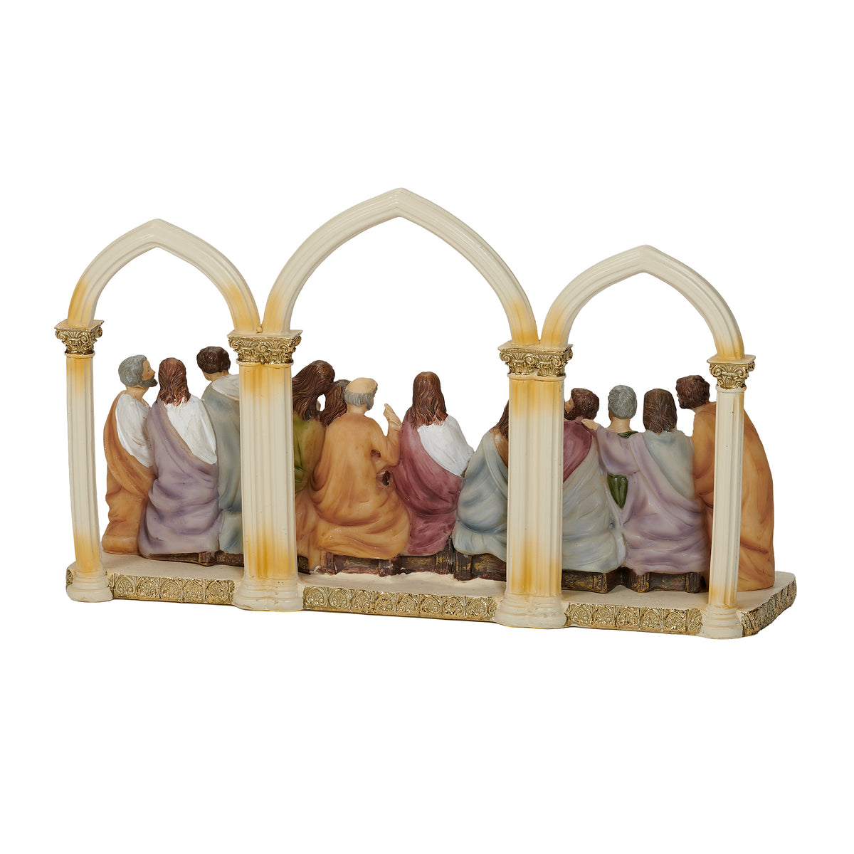 Back view of The Last Supper plaque showing the figures and three arched frame details from behind