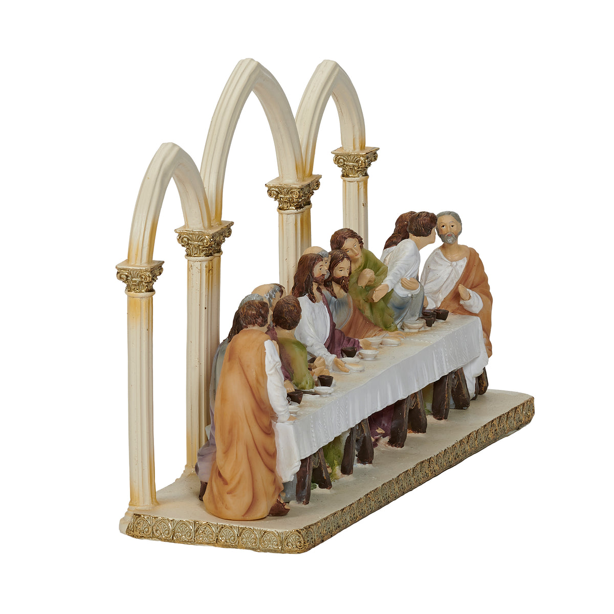 Opposite angled view of The Last Supper plaque showing the apostles, table, and layered Gothic arch structure