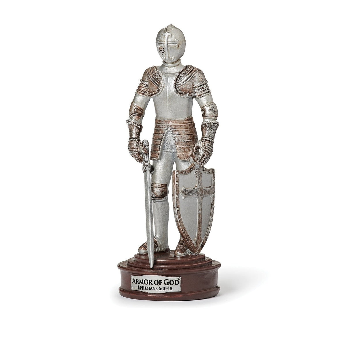 Front view of Armor of God knight showing its detailed helmet, layered armor, sword, and shield.