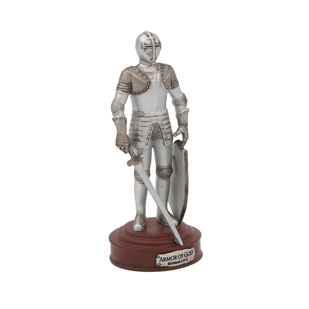 Angled rear view of knight figurine showing the armor plates and round brown base.