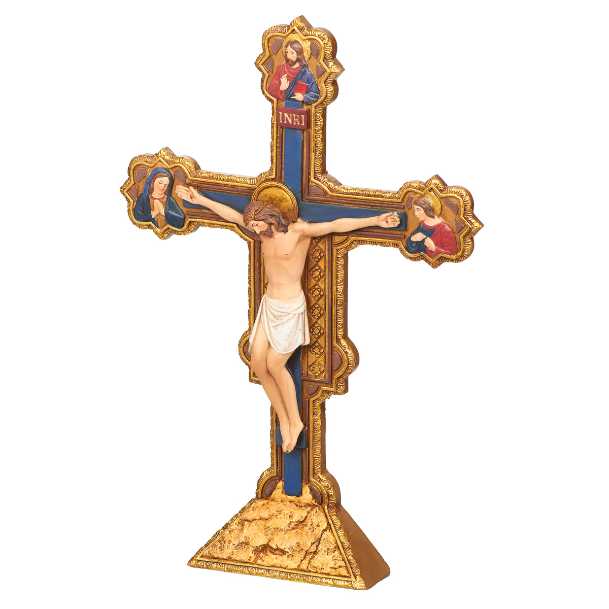 Front angled view of Joseph's Studio Ognissanti Tabletop Crucifix showing the sculpted Christ figure, decorative cross details, and standing base