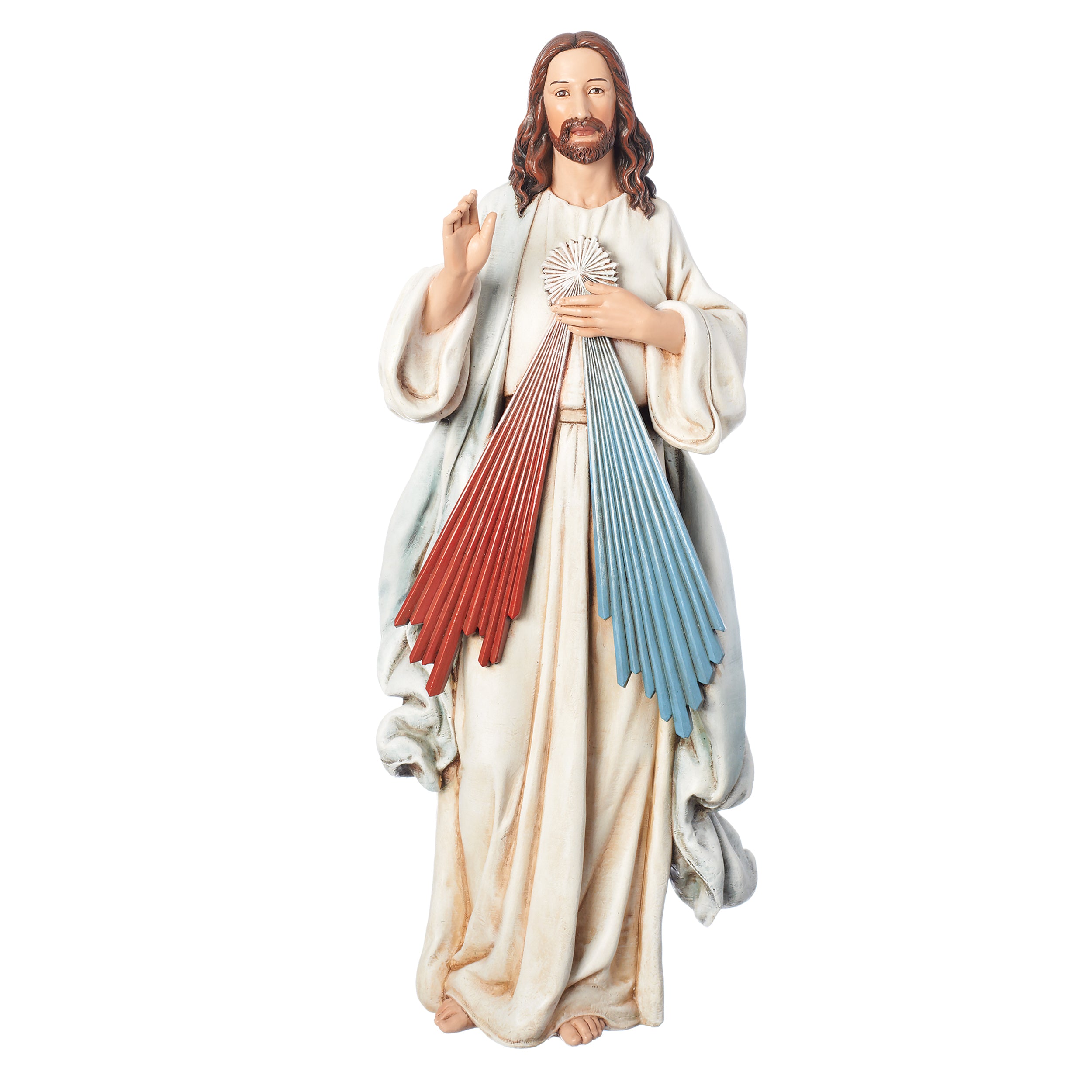 Statue of a religious figure with colorful wings on a white background