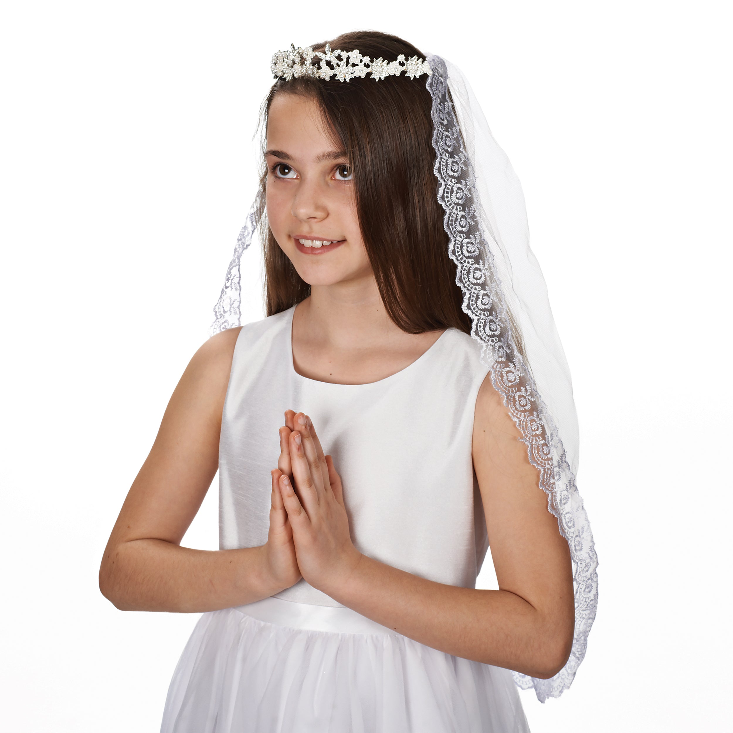 Kate First Communion Veil with Pearl Tiara & Lace Trim