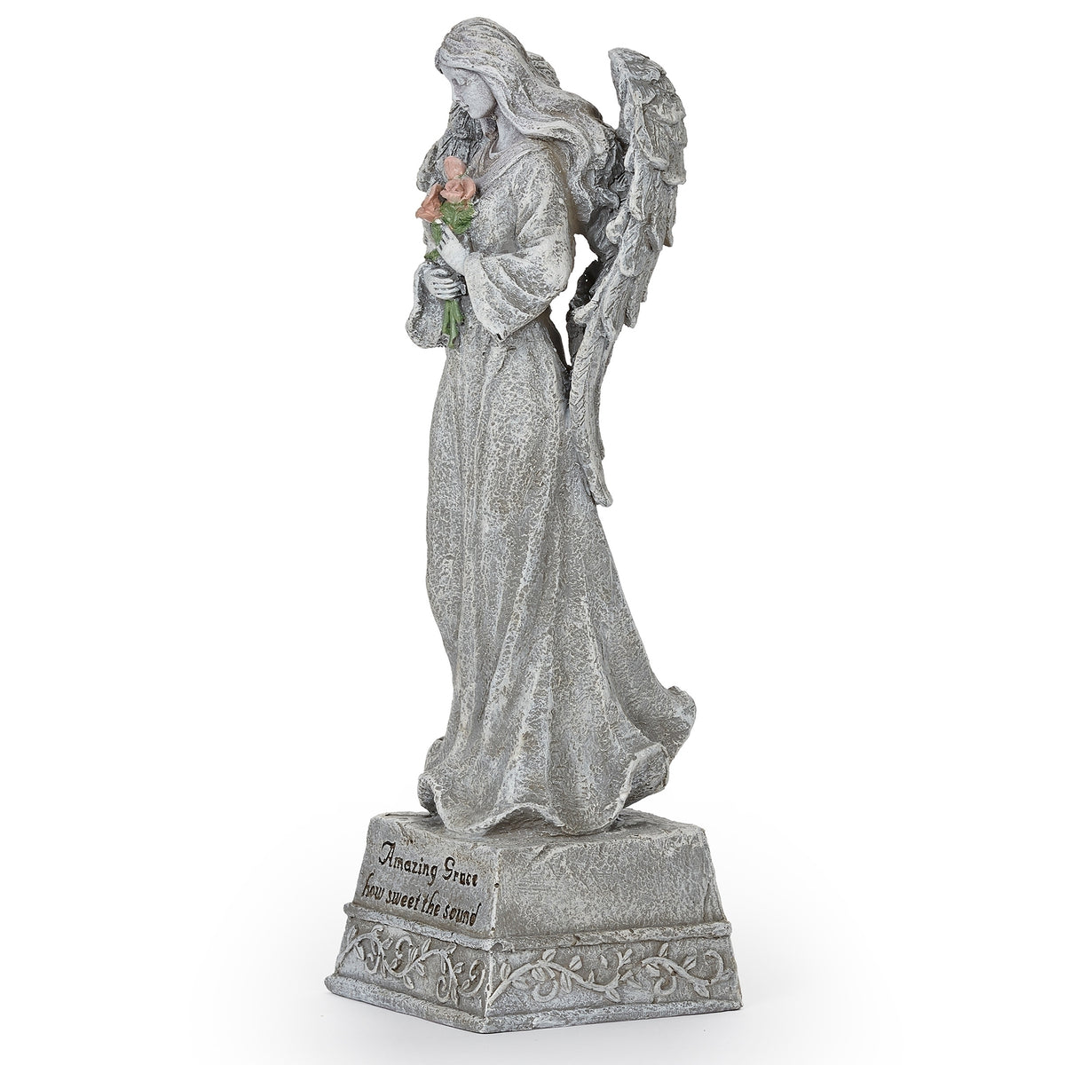 Front angled view of Amazing Grace Angel with Roses Memorial Garden Statue showing the bouquet, flowing gown, wings, and pedestal base
