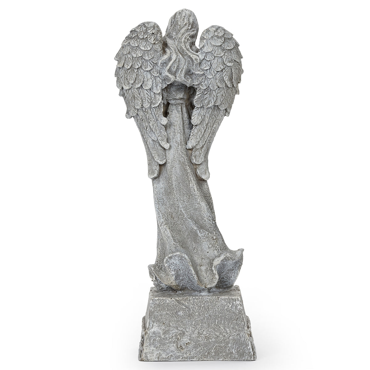 Back view of Amazing Grace Angel with Roses Memorial Garden Statue showing the sculpted wings, gown, and stone-look finish