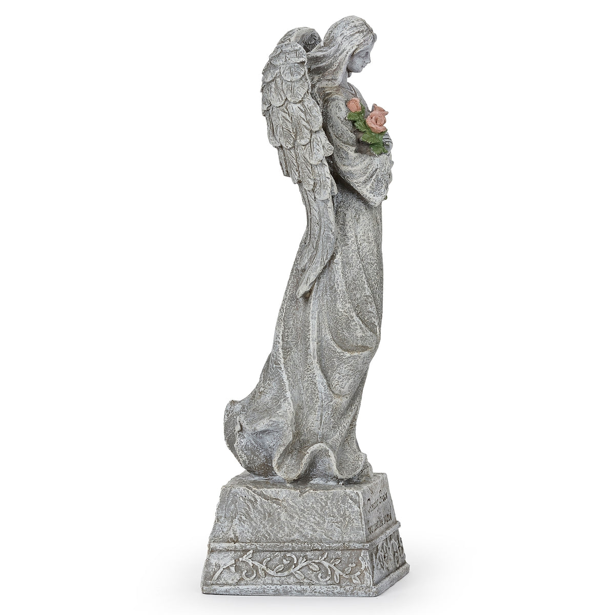 Side view of Amazing Grace Angel with Roses Memorial Garden Statue showing the angel holding roses above the memorial pedestal