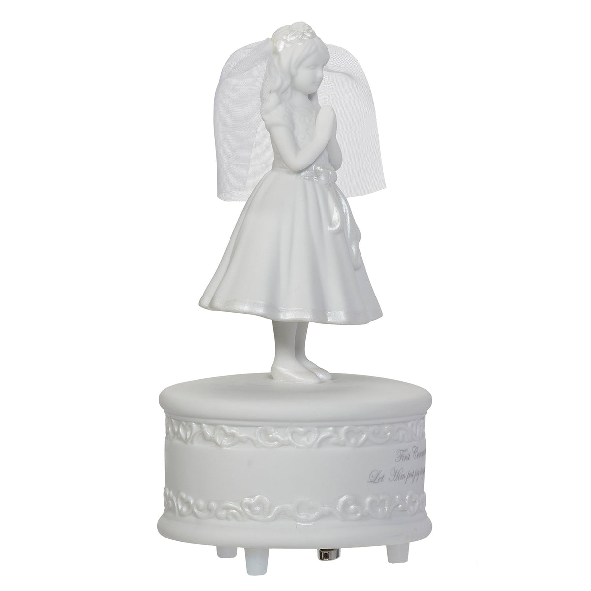 Back view of First Communion Girl Musical Figure showing the long white veil and sculpted dress above the ornate music box base