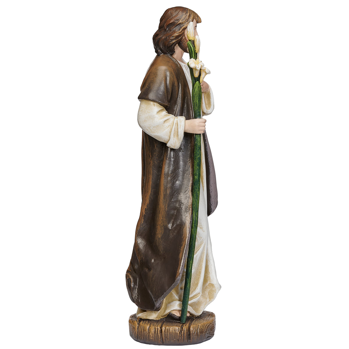 Side view of Joseph's Studio St. Joseph Home Blessing Figure showing the lily staff, layered robes, and peaceful standing pose