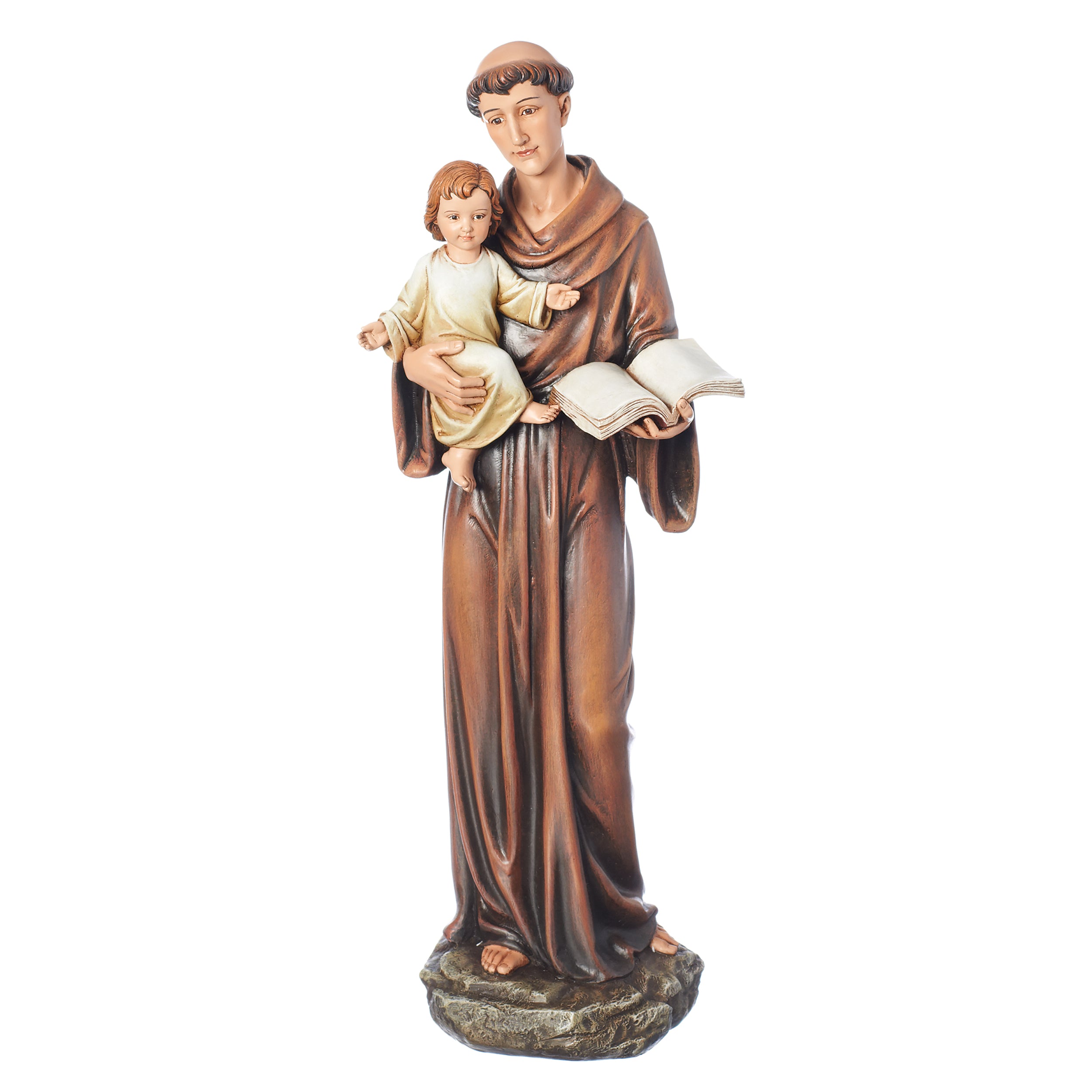 Statue of a religious figure holding a child and an open book on a white background