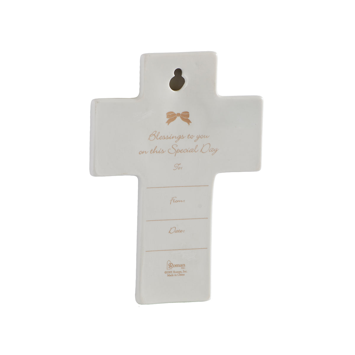 Back view of white “God Bless This Precious Little One” Wall Cross showing the plain porcelain reverse and wall-hanging opening