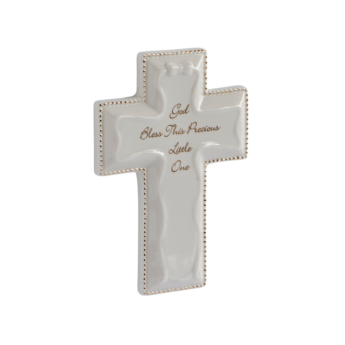 Front angled view of white “God Bless This Precious Little One” Wall Cross showing the raised bow, gold trim, and porcelain finish