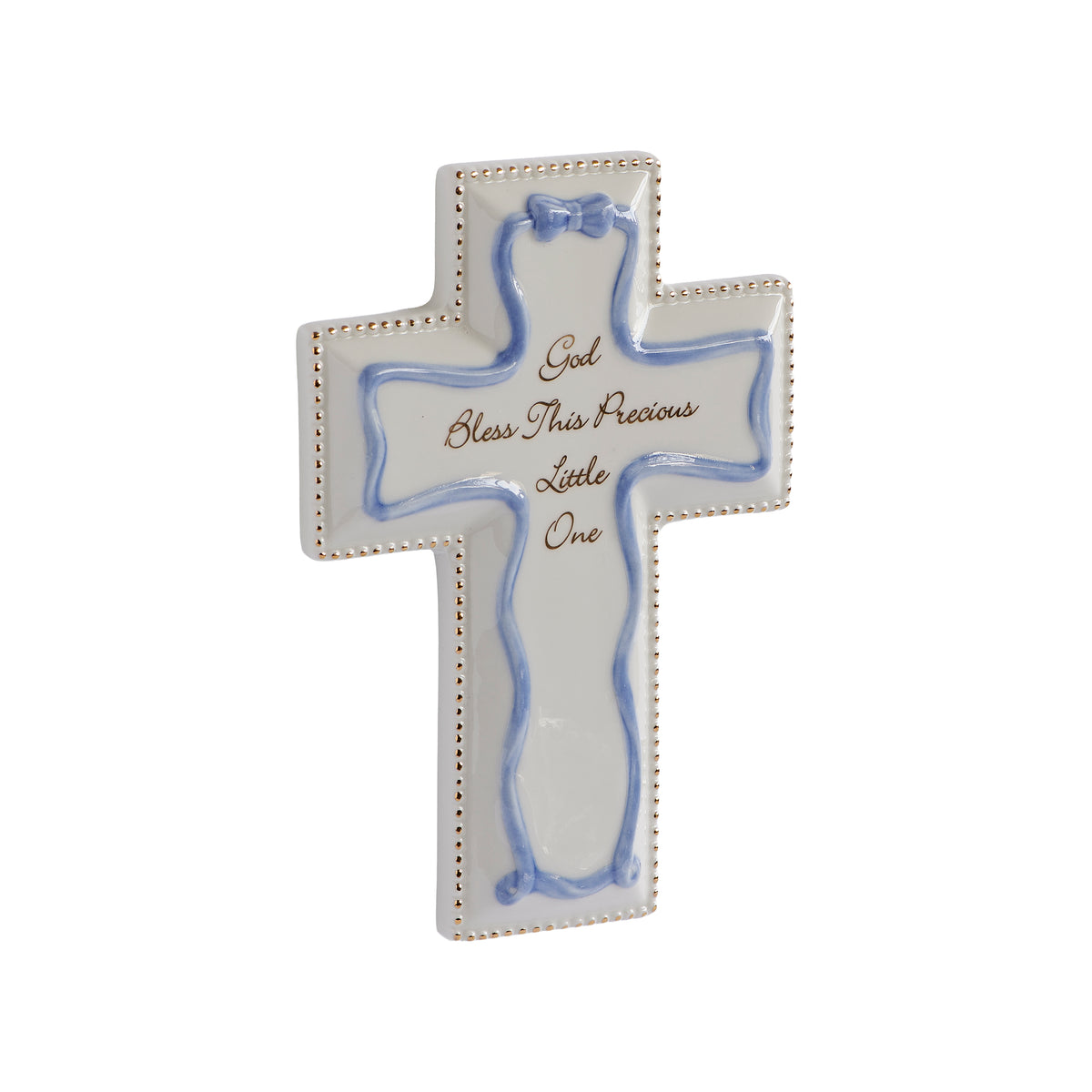 Front angled view of blue “God Bless This Precious Little One” Wall Cross showing the pale blue border, raised bow, and gold detailing