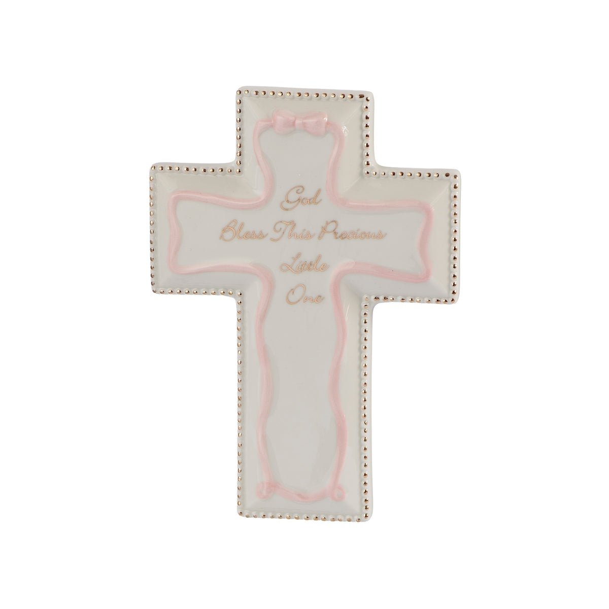 Front angled view of pink “God Bless This Precious Little One” Wall Cross showing the pale pink border, raised bow, and gold detailing