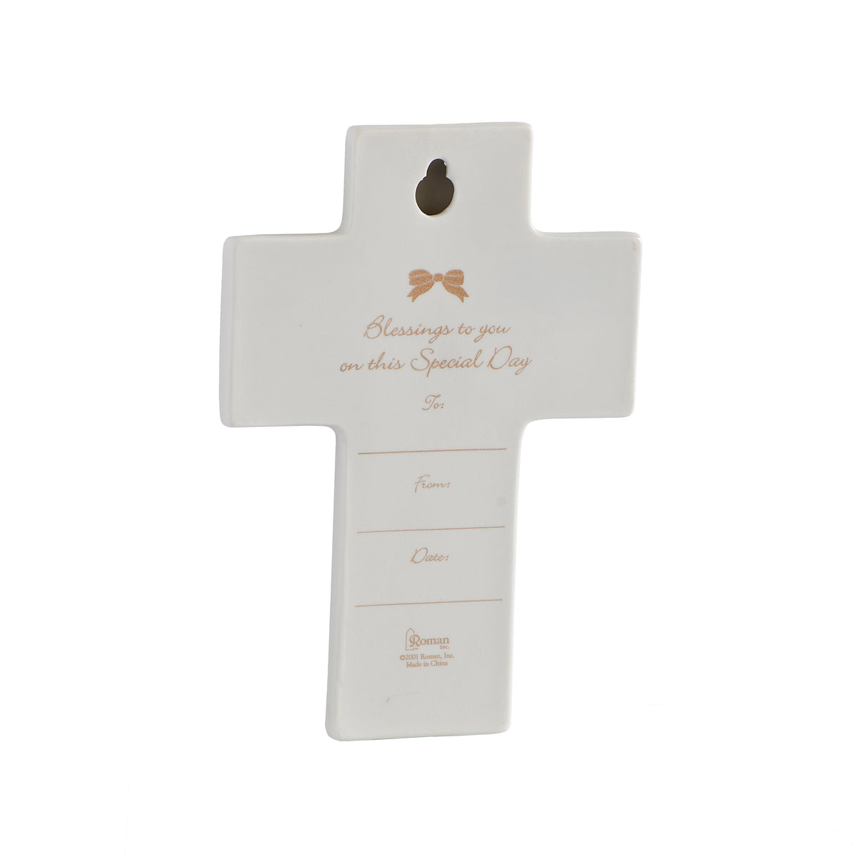 Back view of pink “God Bless This Precious Little One” Wall Cross showing the plain porcelain reverse and wall-hanging opening
