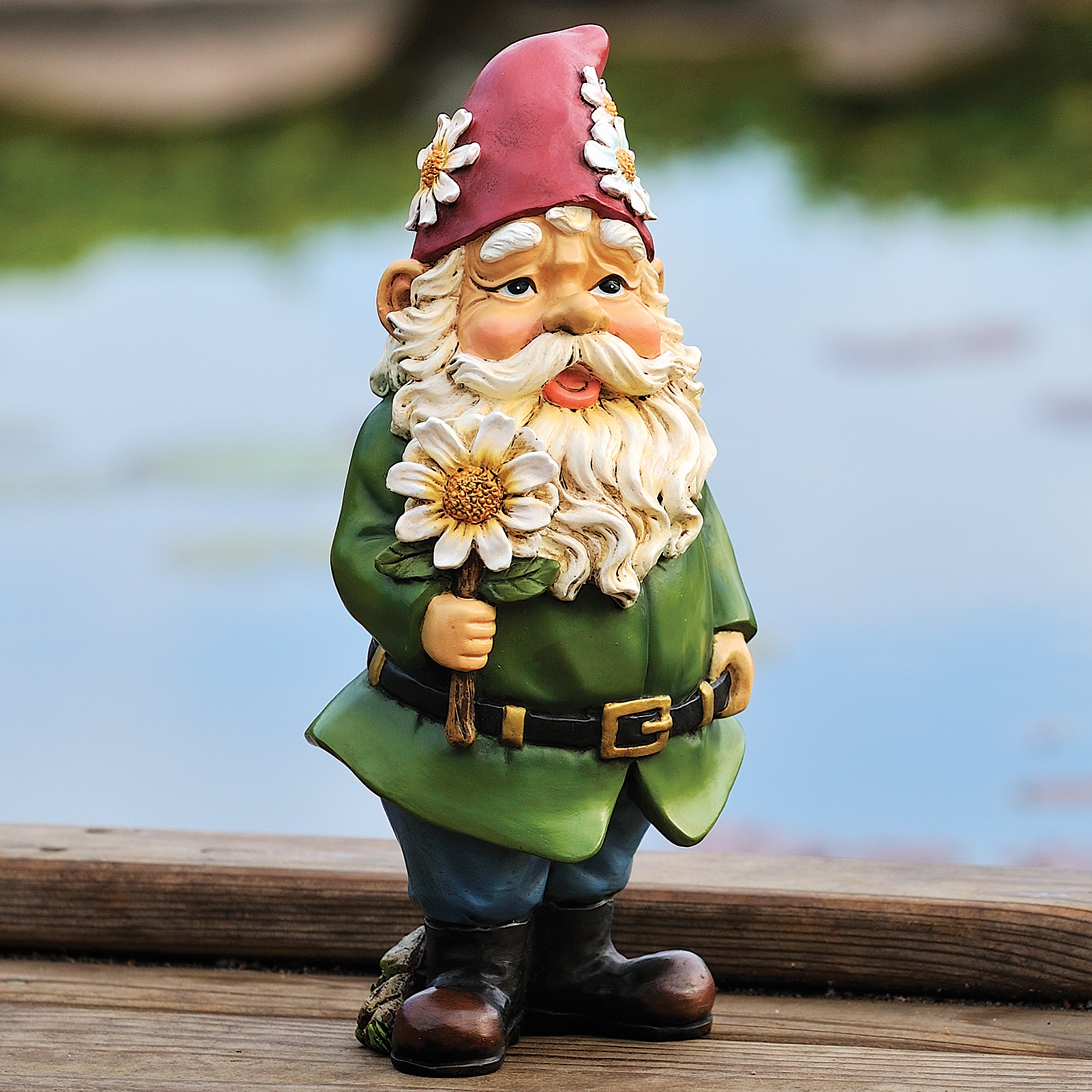 Whimsical Garden Gnome with Daisy Statue