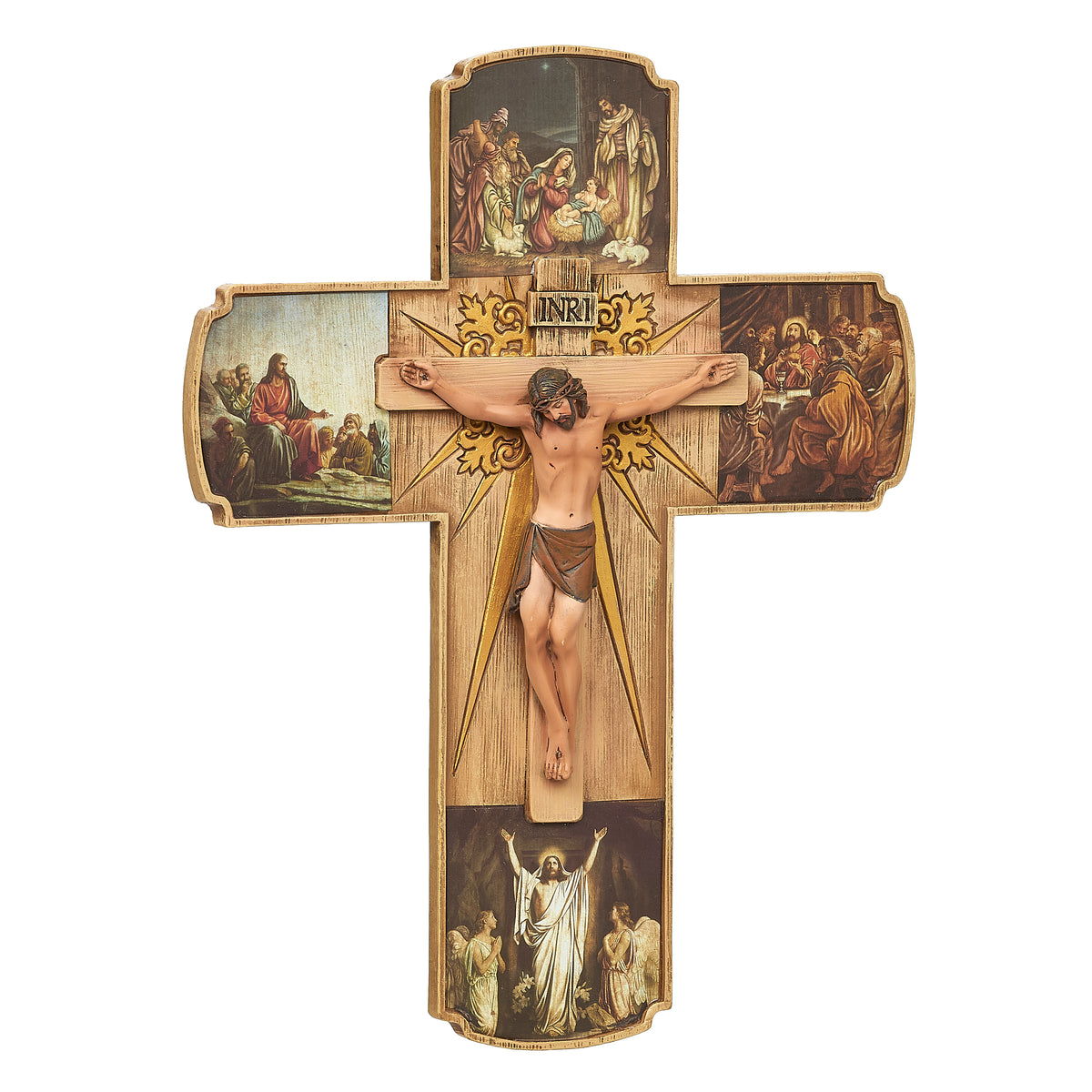 Front view of Joseph's Studio Life of Christ Crucifix showing the central crucifixion scene with illustrated biblical scenes across the cross