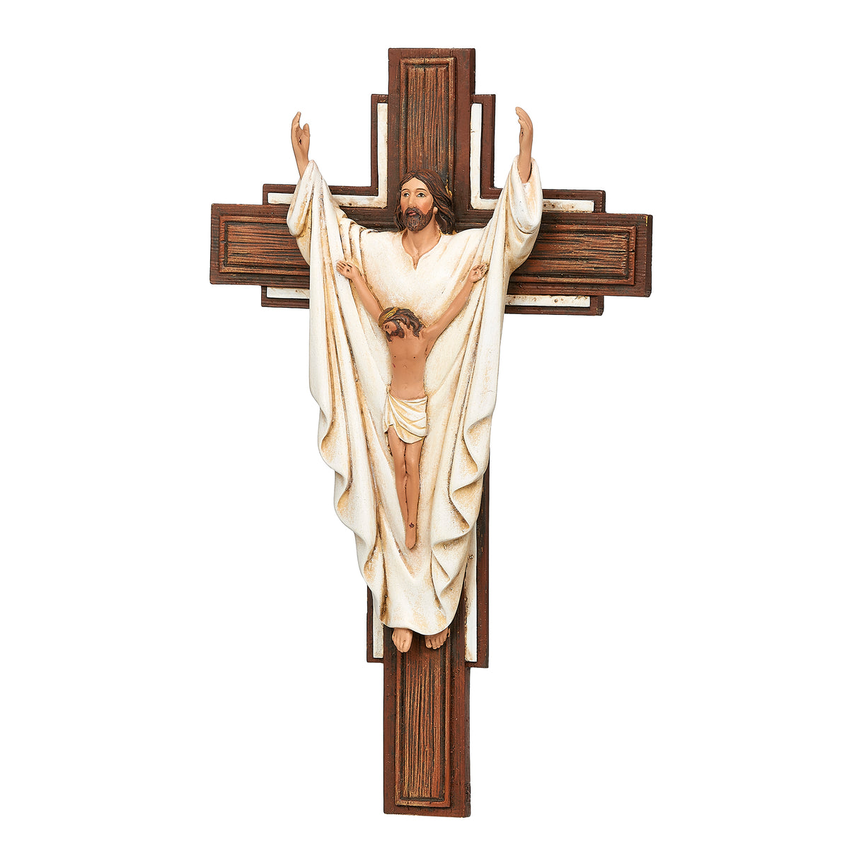 Front angled view of Joseph's Studio "He Is Risen" Crucifix showing Christ in flowing white robes with arms lifted before the cross