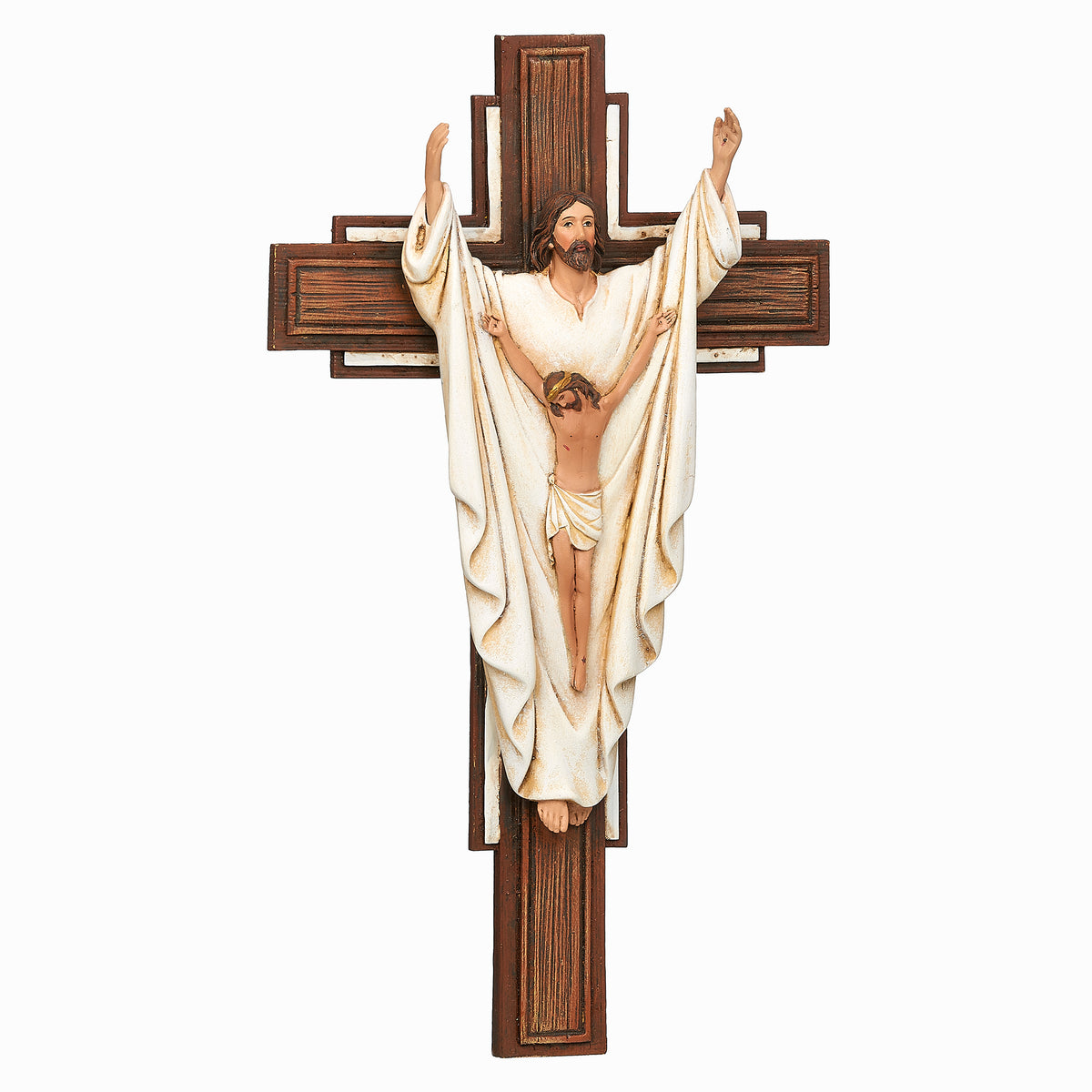 Front view of Joseph's Studio "He Is Risen" Crucifix showing the risen Christ centered on the cross with arms raised