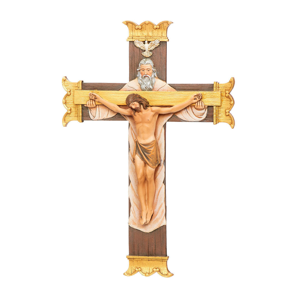 Front angled view of Joseph's Studio Holy Trinity Crucifix showing Christ, God the Father, the Holy Spirit dove, and gold decorative accents
