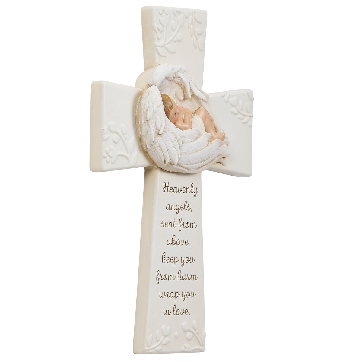 Alternate front view of Joseph's Studio Baby in Wings Wall Cross highlighting the sleeping baby in angel wings and devotional inscription