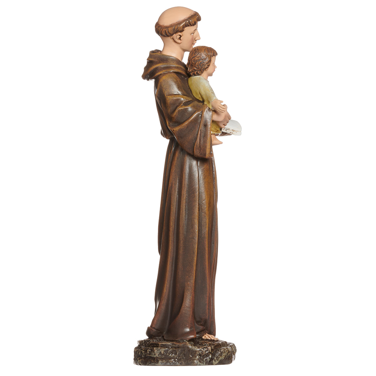 Side view of St. Anthony Renaissance Collection Figure showing St. Anthony holding the Child Jesus close