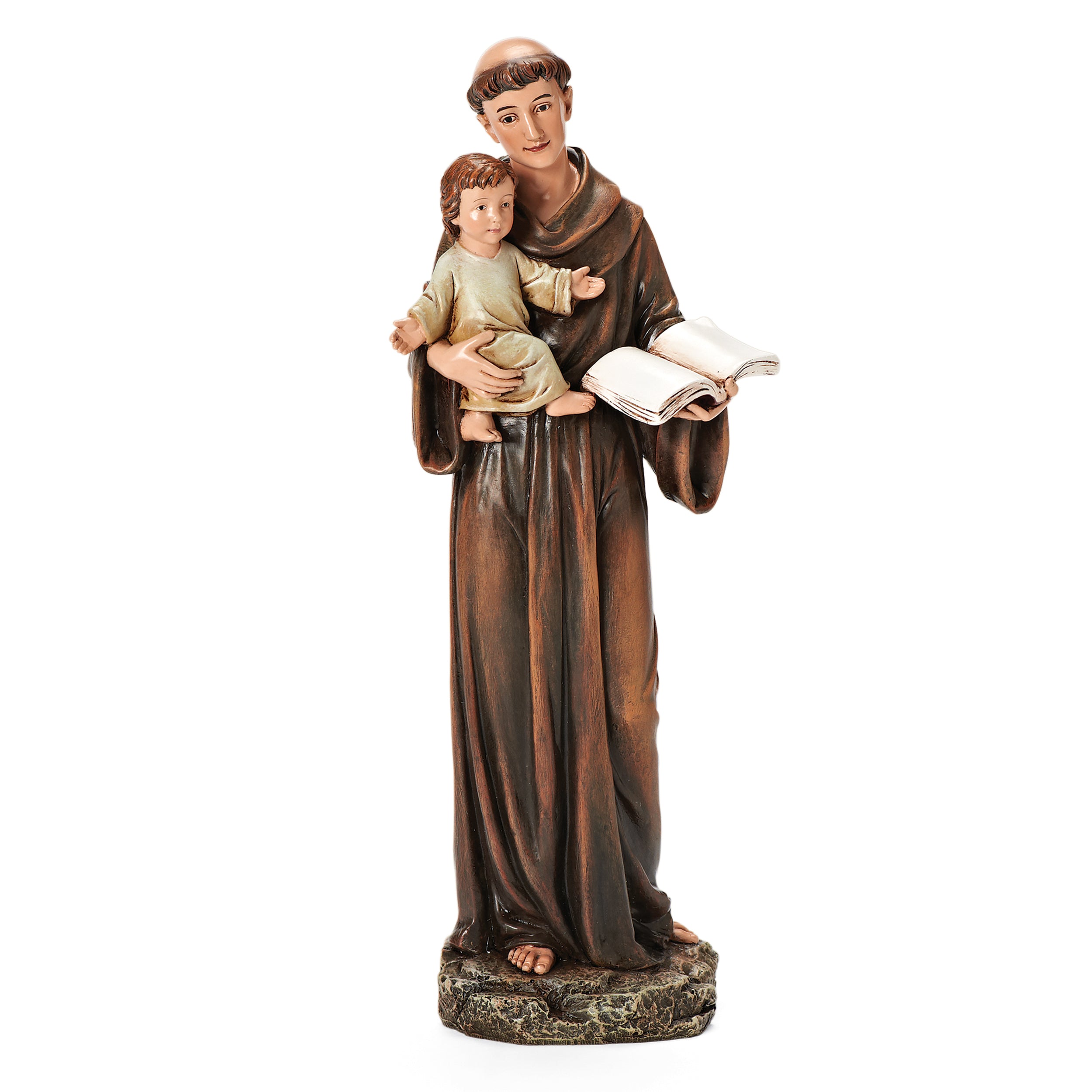 Statue of a religious figure holding a child and a book on a white background