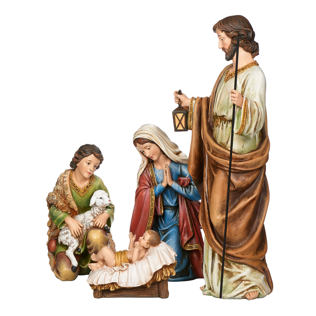 Front view of Joseph's Studio Earth Toned Nativity Set highlighting the Holy Family and shepherd in detailed earth-tone garments
