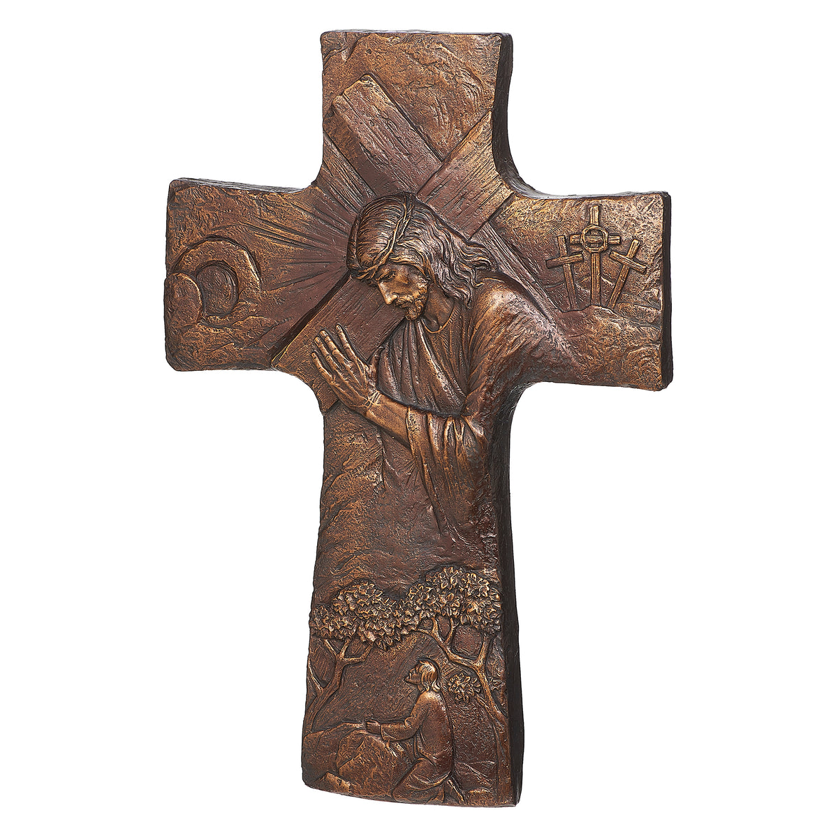 Front view of Joseph's Studio Christ Carrying the Cross Wall Cross showing Christ at the center with textured relief scenes across the cross