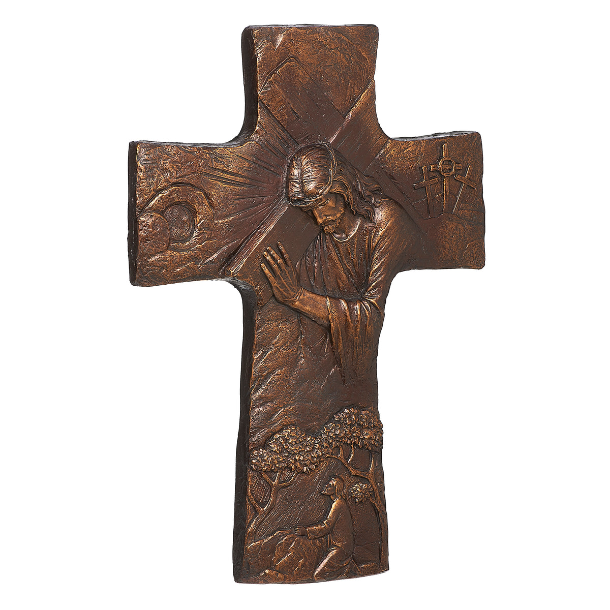 Alternate front view of Joseph's Studio Christ Carrying the Cross Wall Cross highlighting the bronze-tone finish and sculpted religious imagery