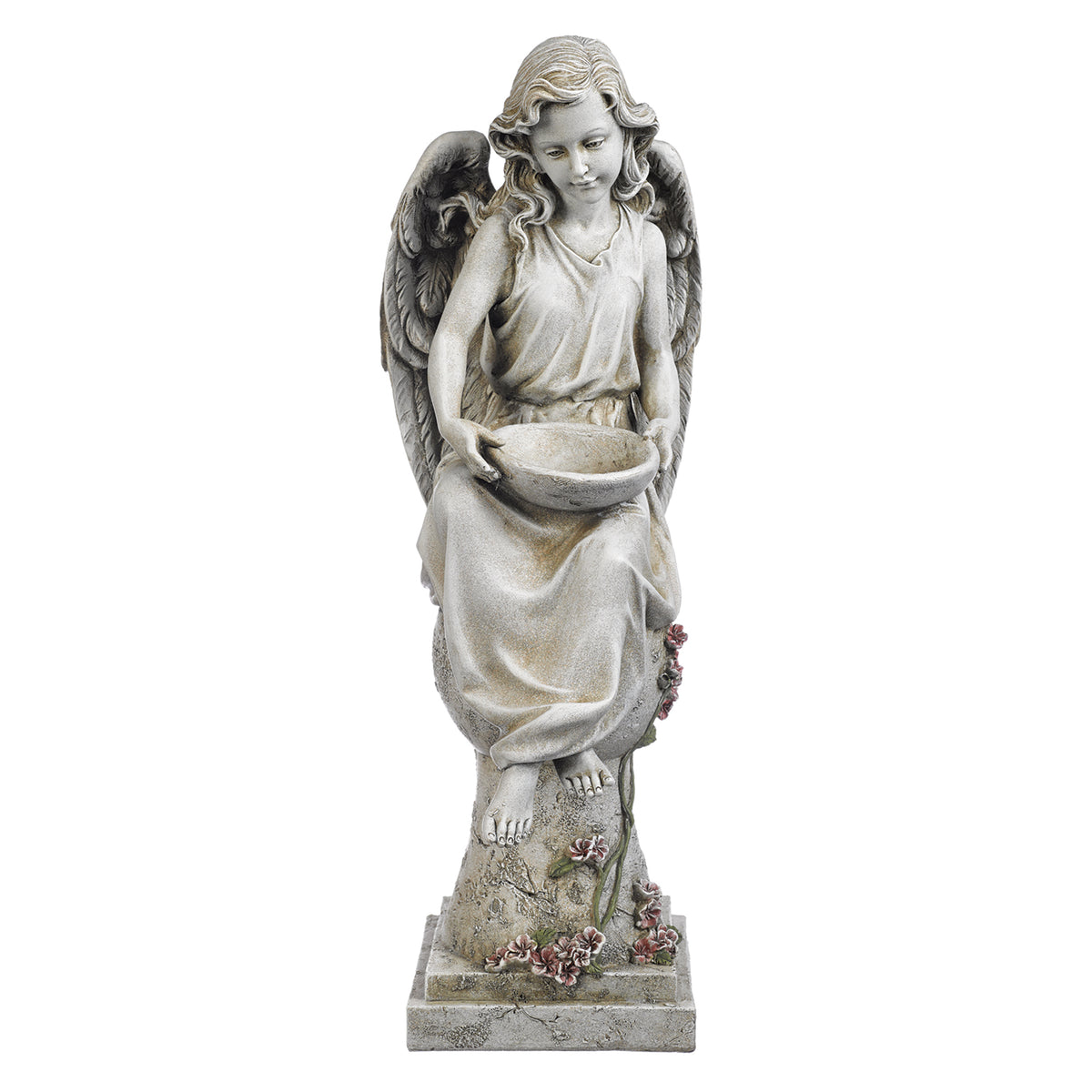 Front view of Joseph's Studio Solar Angel Garden Statue showing the angel holding the bowl with flowing robes, detailed wings, and pedestal base