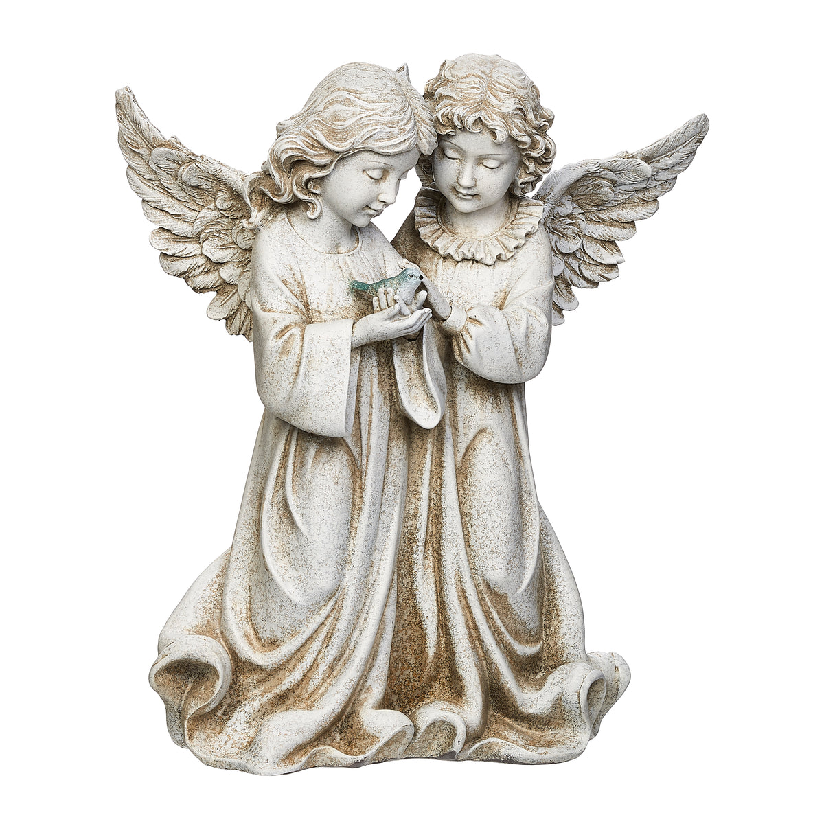 Front view of Joseph's Studio Angels With Bird Garden Statue showing the two angels standing together with the bird between them