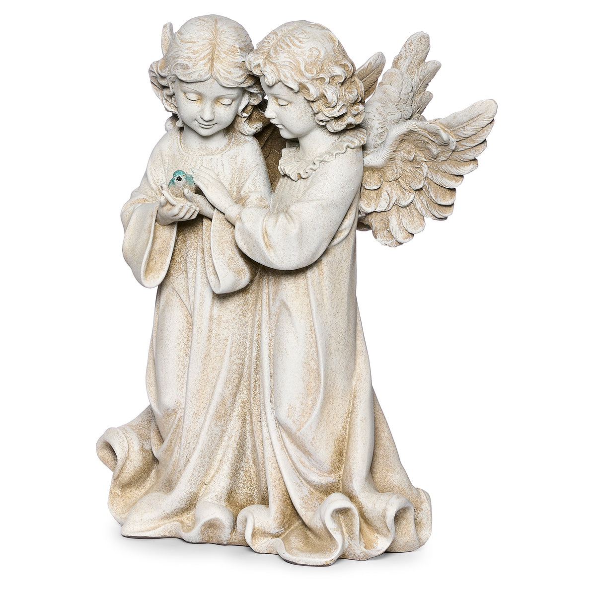 Front angled view of Joseph's Studio Angels With Bird Garden Statue highlighting the flowing robes, feathered wings, and small bird