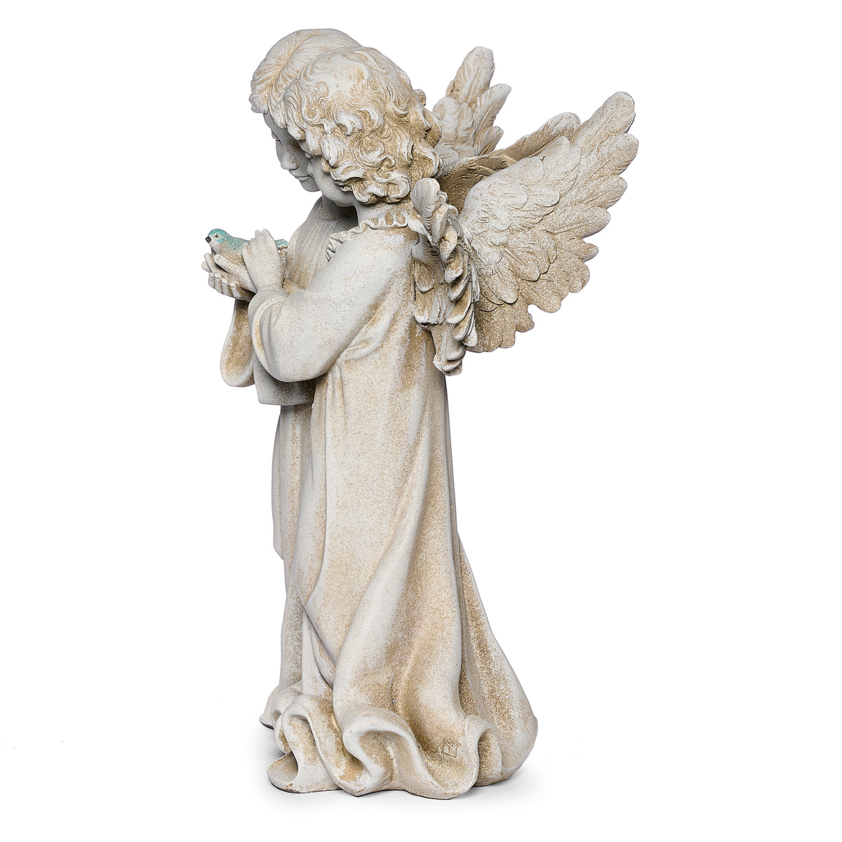 Side view of Joseph's Studio Angels With Bird Garden Statue showing the angels' profiles, sculpted robes, and wing details