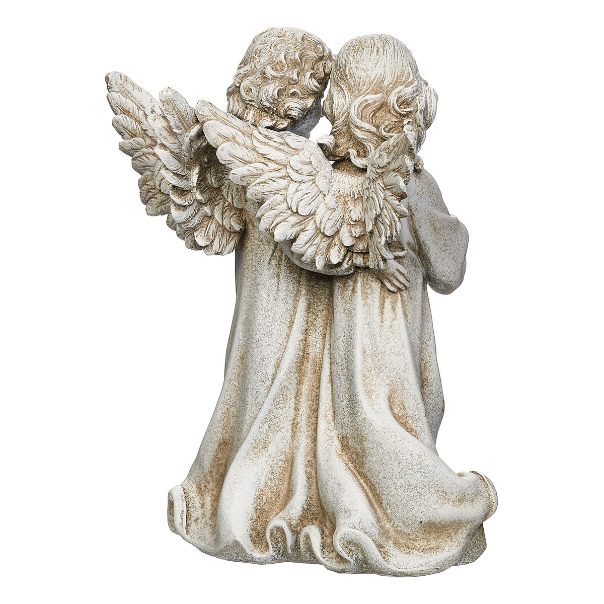 Back view of Joseph's Studio Angels With Bird Garden Statue showing the large textured wings and flowing gowns