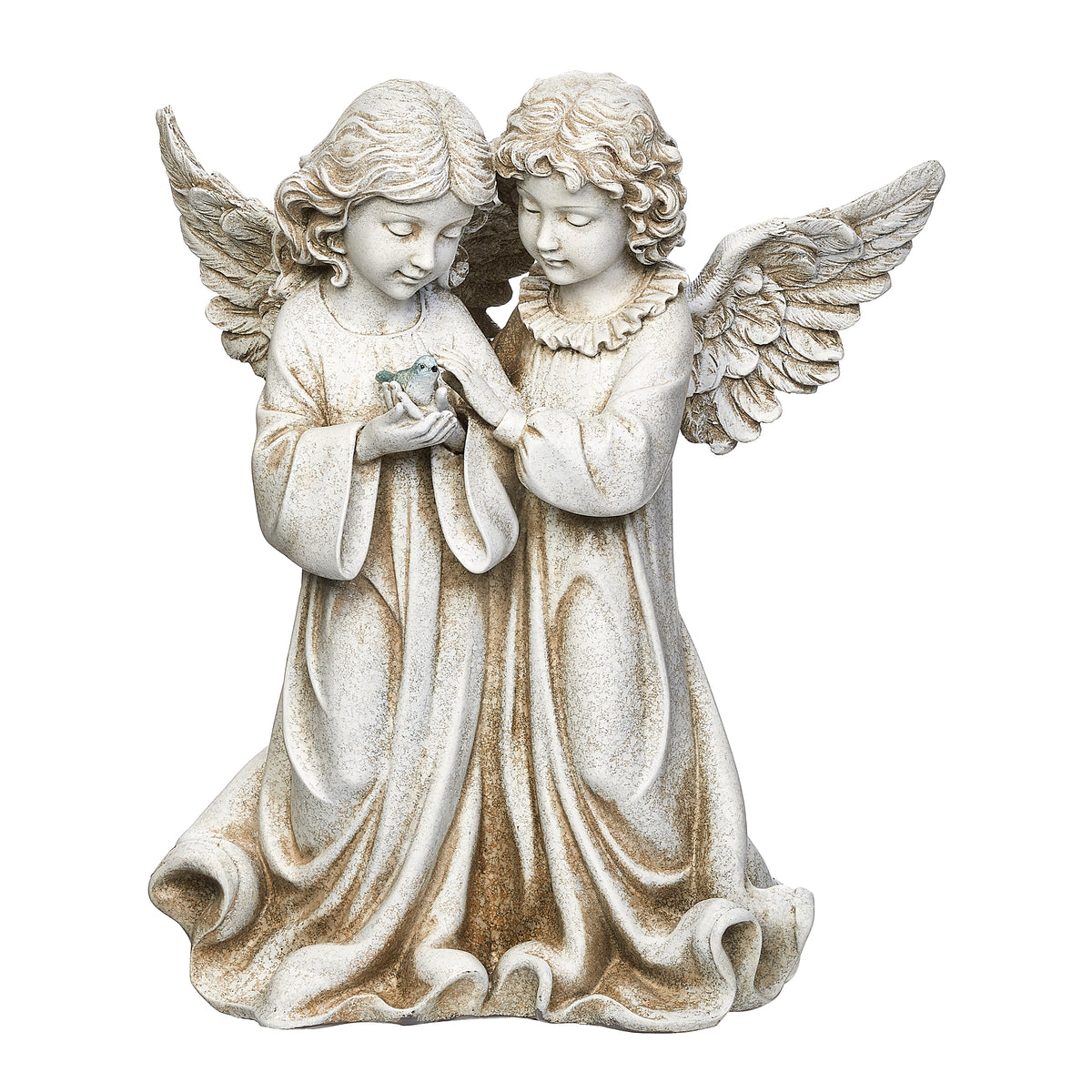 Rear angled view of Joseph's Studio Angels With Bird Garden Statue showing the layered wings and sculpted ivory finish