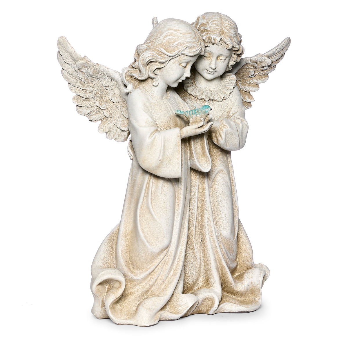 Opposite front angled view of Joseph's Studio Angels With Bird Garden Statue showing the two angels gently holding the bird