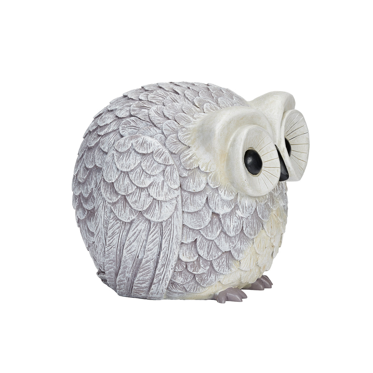 Side view of Pudgy Pals Owl Garden Statue showing the oversized eyes, rounded profile, and detailed feather texture
