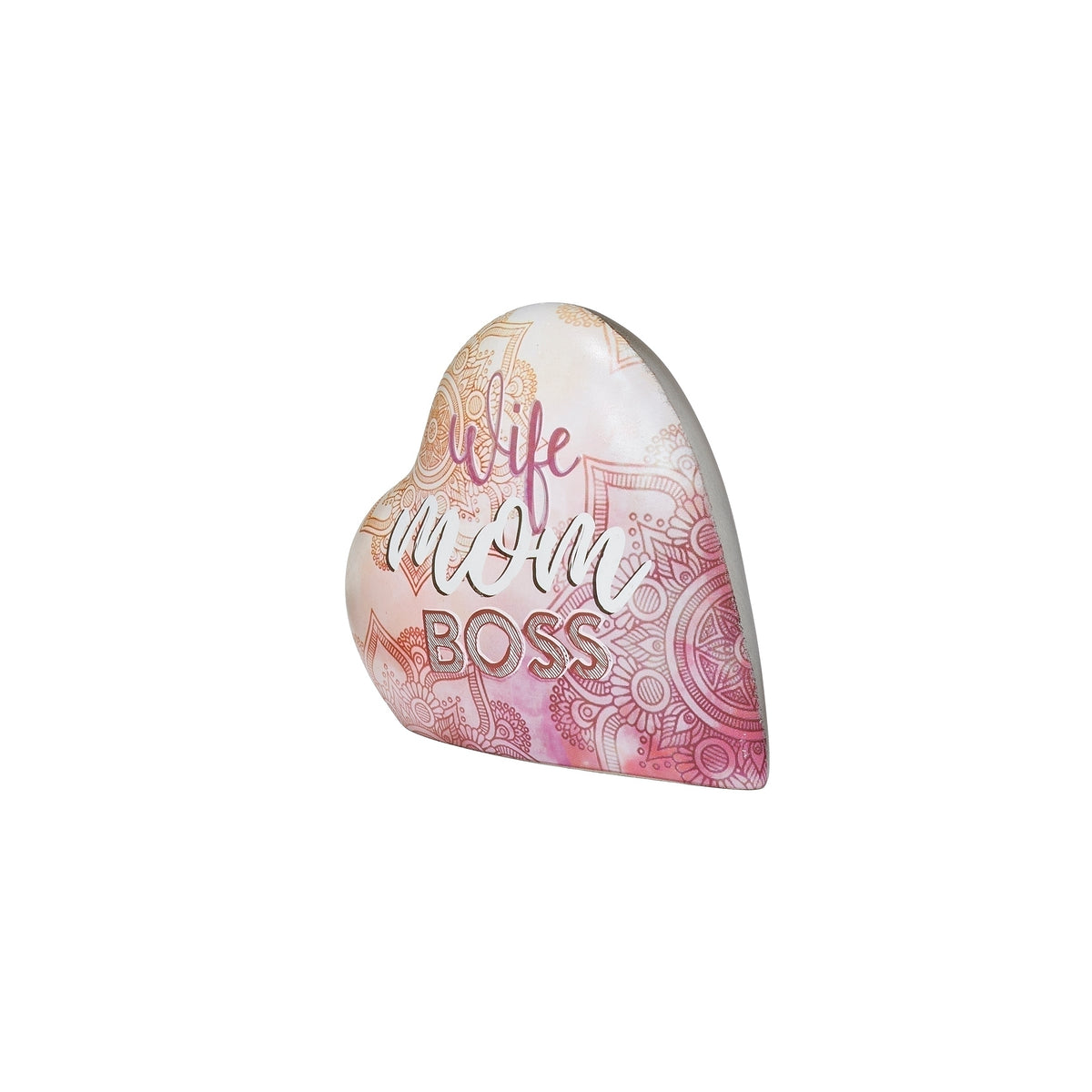 Angled front view of Wife Mom Boss musical heart showing its curved shape and decorative patterns.