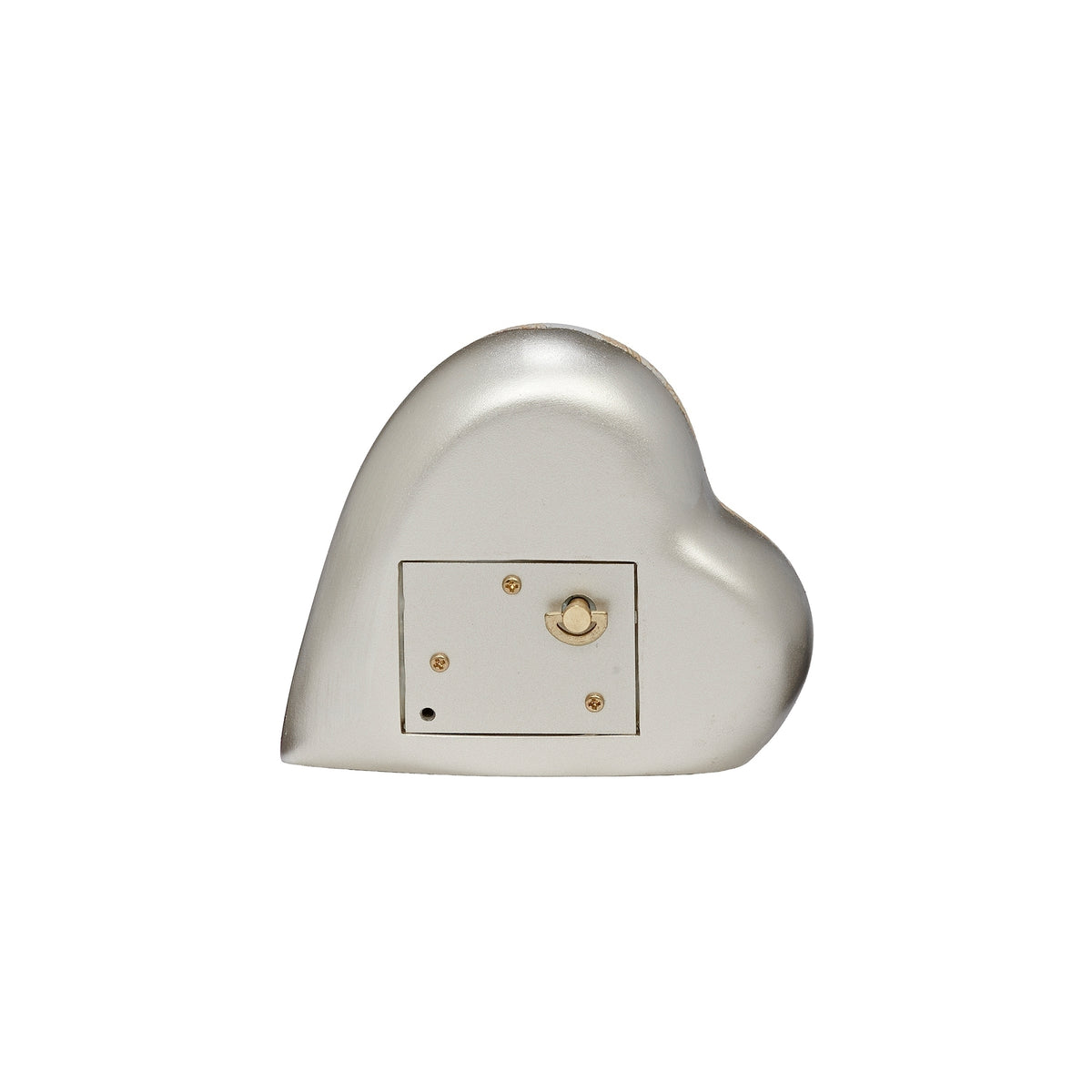 Rear view of musical heart showing the plain cream back, mechanism cover, and winding key.