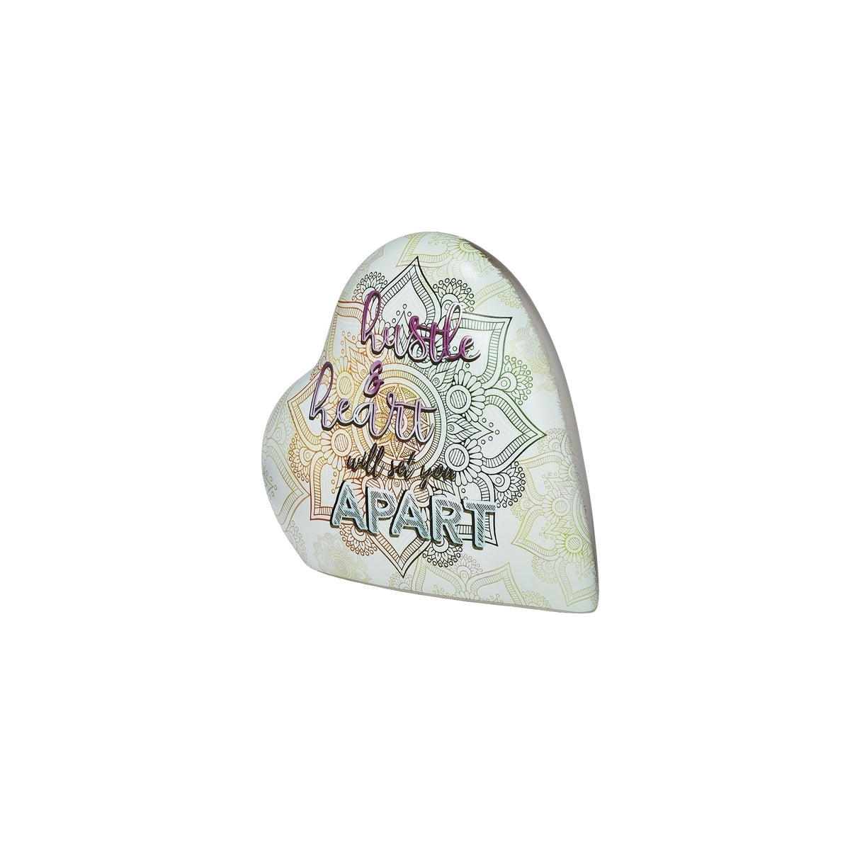 Angled front view of Hustle & Heart musical keepsake showing its decorative lettering and curved shape.