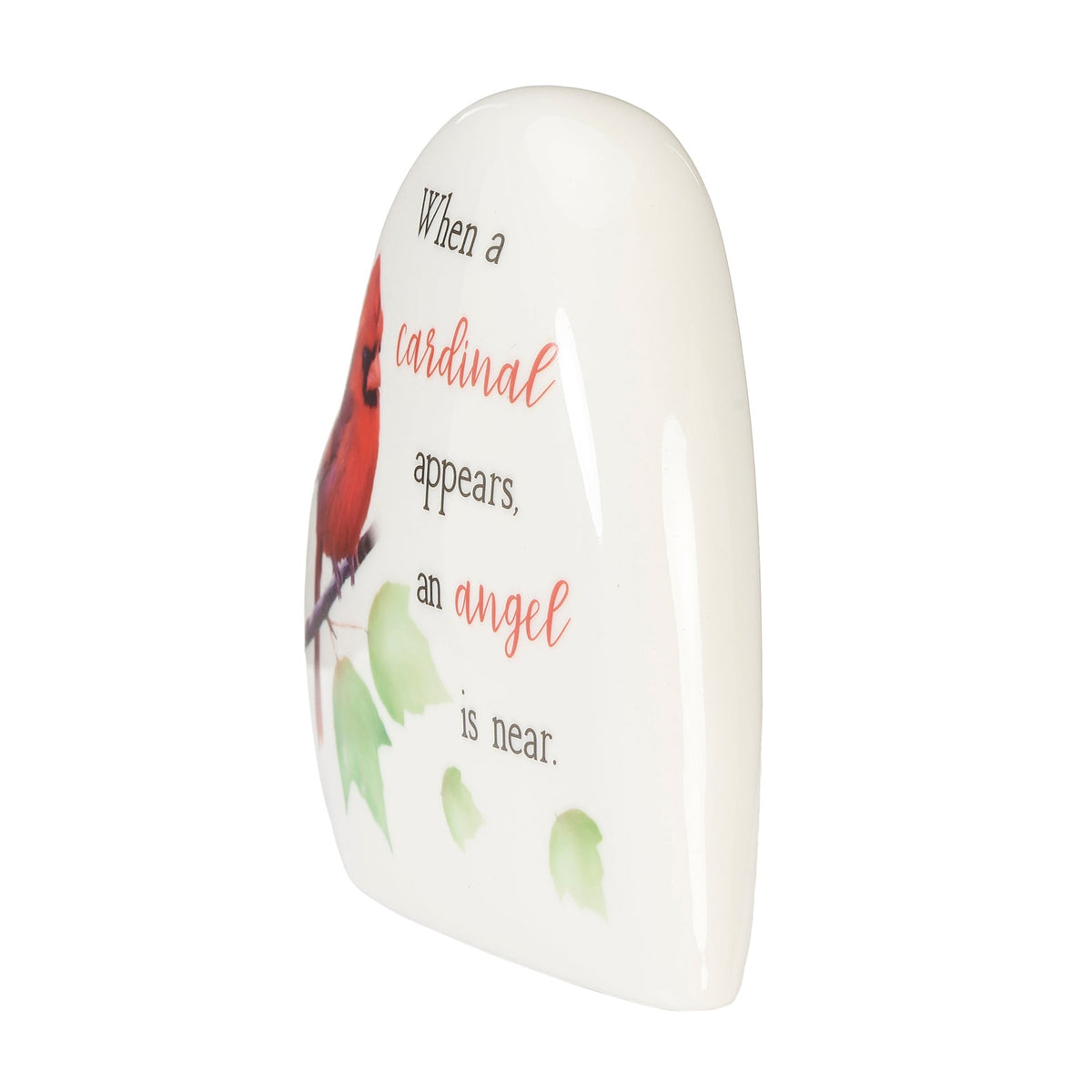 Opposite side view of Cardinal Memorial Heart Musical Keepsake showing the heart shape and printed memorial design