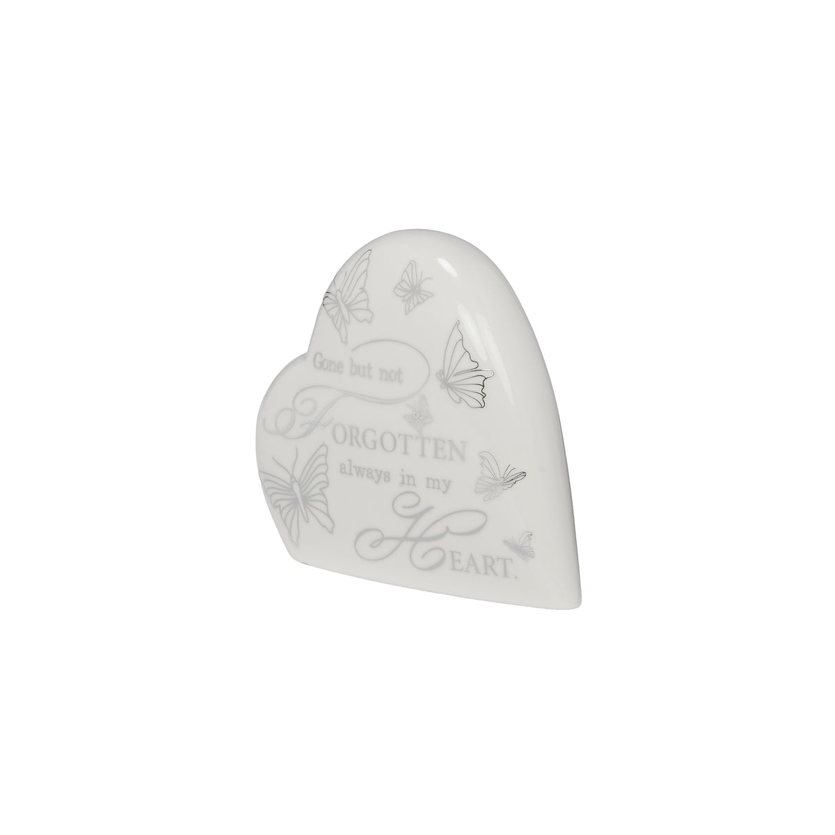 Angled view of Gone But Not Forgotten memorial heart showing the porcelain heart shape and printed message