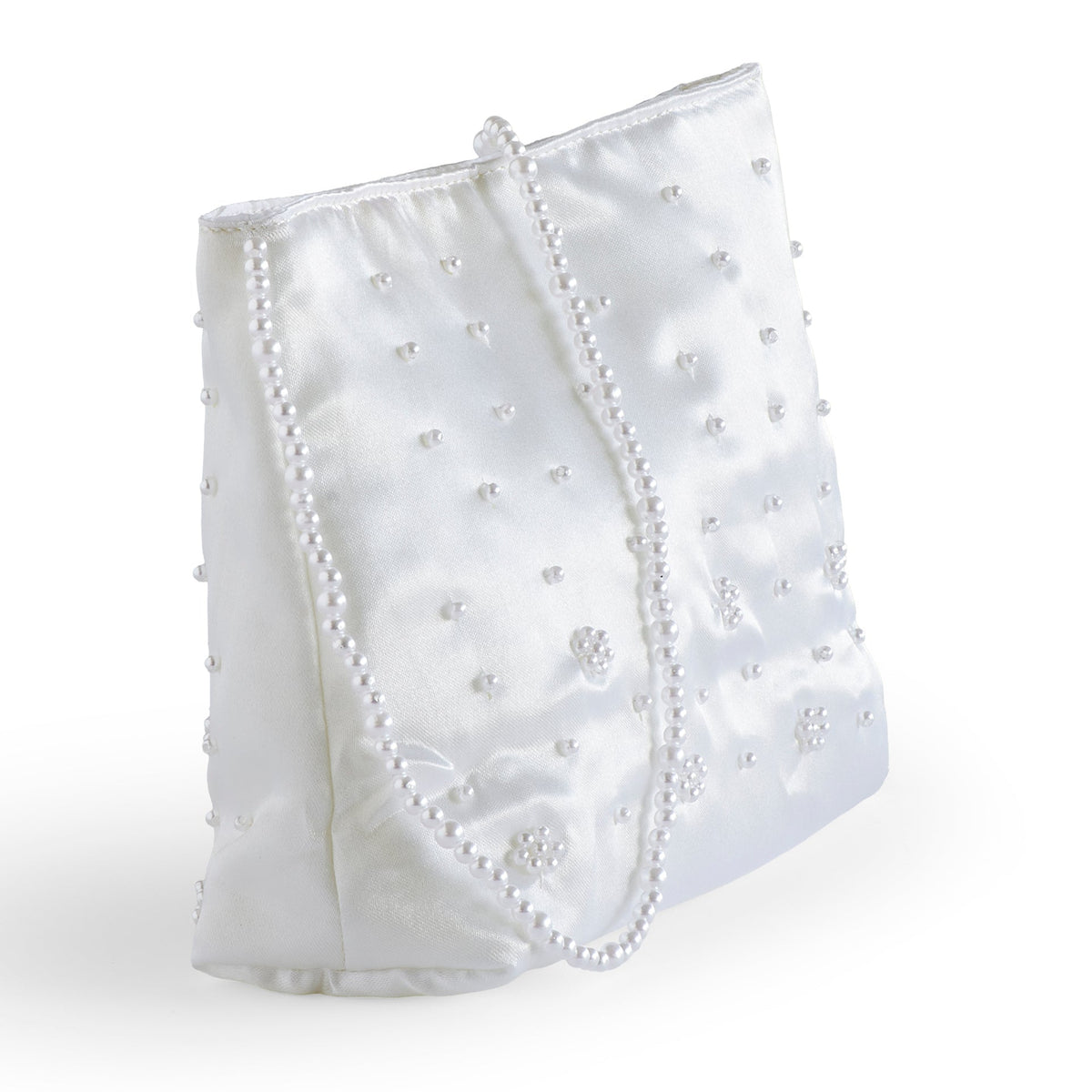 Front angled view of First Communion beaded purse showing the white satin finish, beaded accents, and pearl handle